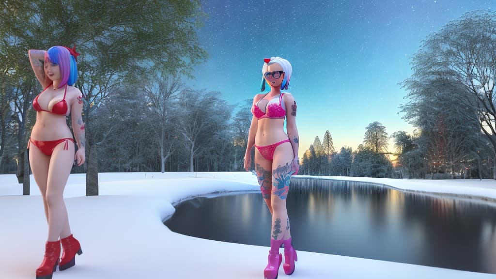  (full-body 3D render), a Thai woman standing in a snow covearea with crystal, smile, blue asymmetrical bob with pink hair highlighting, breasts, lipstick, (white+red bra and G-String:1.3), sky, optic glasses, tree, (colorful tattoos:1.35), starry sky, Christmas, crystal park, sexy pose