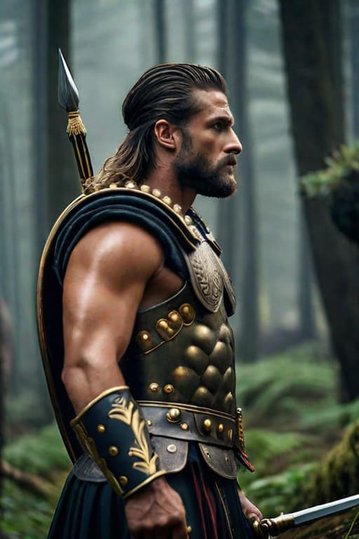  Side View of a Roman Warrior wearing a shield on his back,Overgrown,mystic,ethereal,darkness,muscular,spartan,more impressive beard,extreme detailed and ornamented armor,black armor,gold ornament, atmospheric haze,Film grain,cinematic film still,shallow depth of field,highly detailed,high budget,cinemascope,moody,epic,OverallDetail,2000s vintage RAW photo,photorealistic,candid camera,color graded cinematic,eye catchlights,atmospheric lighting,imperfections,natural,shallow dof,dynamic angle,full body,<lora:RMSDXL Darkness Cinema:0.8>,<lora:RMSDXL Enhance:0.8>,, high resolution,extreme detail hyperrealistic, full body, detailed clothing, highly detailed, cinematic lighting, stunningly beautiful, intricate, sharp focus, f/1. 8, 85mm, (centered image composition), (professionally color graded), ((bright soft diffused light)), volumetric fog, trending on instagram, trending on tumblr, HDR 4K, 8K