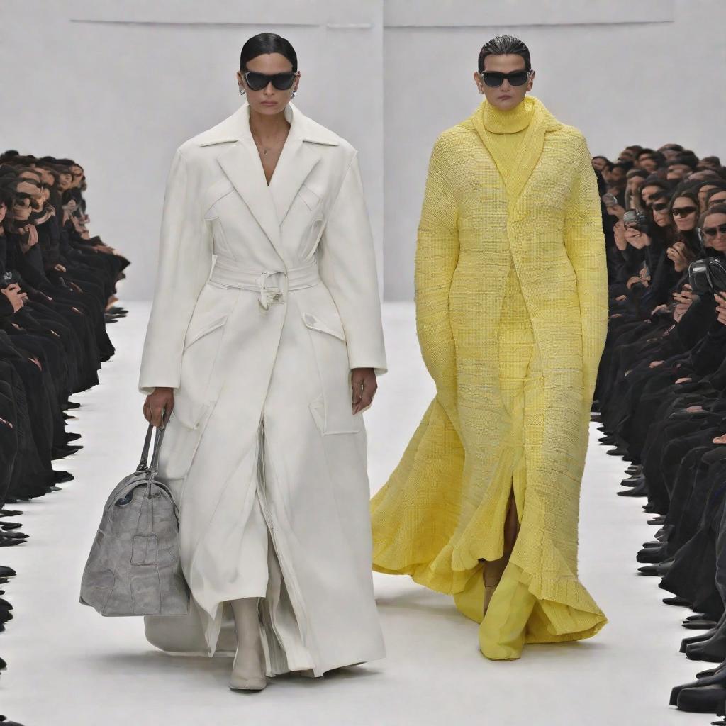  Balenciaga R22 style, shapeshifter fashion model and her transforming their bodies into (incomplete, unfinished:1,4) shiny clothes, backstage at a fashion show