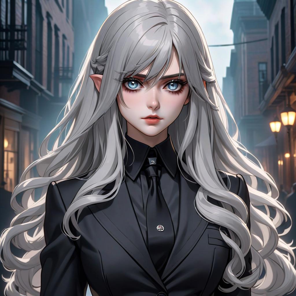  horror themed A girl with long white wavy hair and gray eyes. She has a serious and intelligent gaze. She is wearing a classic black suit. She is the face of a Telegram channel called "The Dark Side of History", which tells about famous crimes, serial killers, sects, and mysterious events of the whole world. . eerie, unsettling, dark, spooky, suspenseful, grim, highly detailed hyperrealistic, full body, detailed clothing, highly detailed, cinematic lighting, stunningly beautiful, intricate, sharp focus, f/1. 8, 85mm, (centered image composition), (professionally color graded), ((bright soft diffused light)), volumetric fog, trending on instagram, trending on tumblr, HDR 4K, 8K