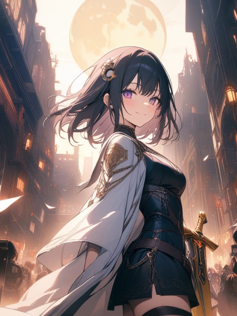  Holy sword,golden sword,burning city,smile,sword raised,golden light,Excalibur,cool girl,Black hair,(purple eyes),short,cropped hair,crescent moon hair ornament, masterpiece, best quality,8k,ultra detailed,high resolution,an extremely delicate and beautiful,hyper detail