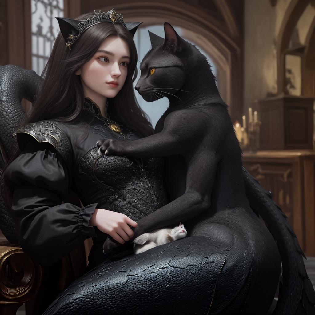  masterpiece, best quality, (Fidelity: 1.4), Best Quality, Masterpiece, Ultra High Resolution, 8k resolution, black work, medieval, a female cat and male dragon in love, not humanize