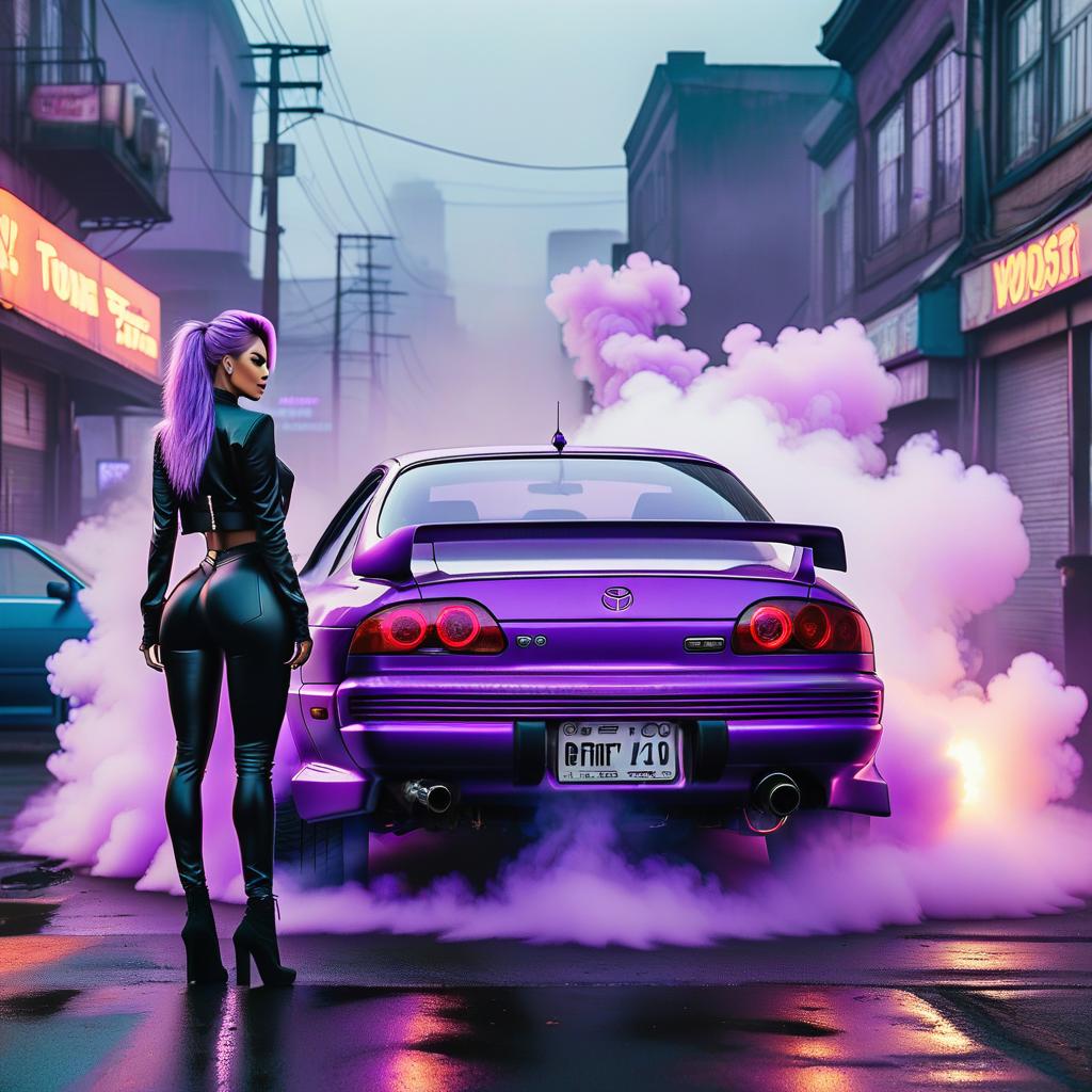  a woman standing next to a parked car, cyberpunk car, a picture of a car with smoke coming out of it, purple aura, vapourwave, phonk album cover, purple smoke, hyperealistic photo, purple mist, ambients, petrol aesthetic, drifting, vapor, octane realphoto, toyota supra, car drifting, toyota jzx 1 0 0 drift, purple fog, smokey tires, vektroid album cover hyperrealistic, full body, detailed clothing, highly detailed, cinematic lighting, stunningly beautiful, intricate, sharp focus, f/1. 8, 85mm, (centered image composition), (professionally color graded), ((bright soft diffused light)), volumetric fog, trending on instagram, trending on tumblr, HDR 4K, 8K