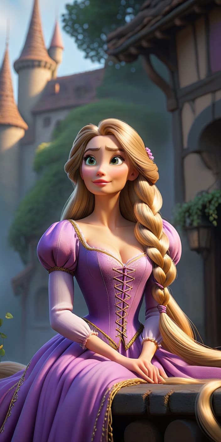  Rapunzel with loose hair hyperrealistic, full body, detailed clothing, highly detailed, cinematic lighting, stunningly beautiful, intricate, sharp focus, f/1. 8, 85mm, (centered image composition), (professionally color graded), ((bright soft diffused light)), volumetric fog, trending on instagram, trending on tumblr, HDR 4K, 8K