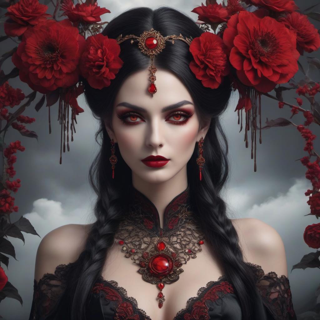  gothic style An illustration of a woman with striking red eyes, adorned with traditional hairpins and a flower, set against a cloudy backdrop and a red circle. . dark, mysterious, haunting, dramatic, ornate, detailed hyperrealistic, full body, detailed clothing, highly detailed, cinematic lighting, stunningly beautiful, intricate, sharp focus, f/1. 8, 85mm, (centered image composition), (professionally color graded), ((bright soft diffused light)), volumetric fog, trending on instagram, trending on tumblr, HDR 4K, 8K