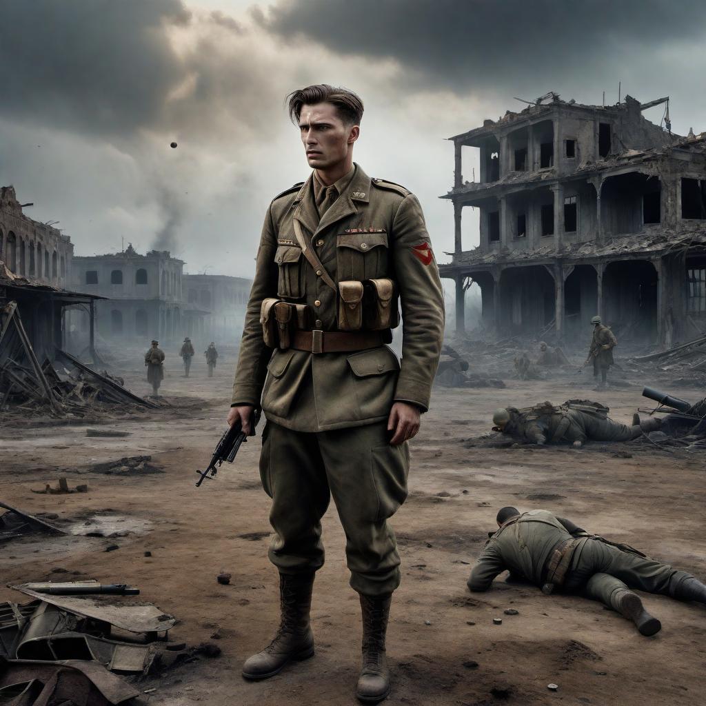  In a World War II setting, an emotionally charged, 3D, semi-realistic orbital scene. A lone, wounded male soldier stands in a desolate battlefield, symbolizing a harrowing struggle. The soldier, clad in tarnished, WWII-era military gear, is battered and weary, with visible wounds and torn clothes. Surrounding him are abstract, ghostly figures of women, representing emotional battles and conflicts. These ethereal women have translucent appearances, floating around the soldier in an orbital motion, embodying memories, regrets, and emotional hauntings. Each woman carries faint, symbolic elements like letters or photographs from the past, adding to the emotional weight. The background is a dark, war-torn landscape with shadows of destroyed buil hyperrealistic, full body, detailed clothing, highly detailed, cinematic lighting, stunningly beautiful, intricate, sharp focus, f/1. 8, 85mm, (centered image composition), (professionally color graded), ((bright soft diffused light)), volumetric fog, trending on instagram, trending on tumblr, HDR 4K, 8K