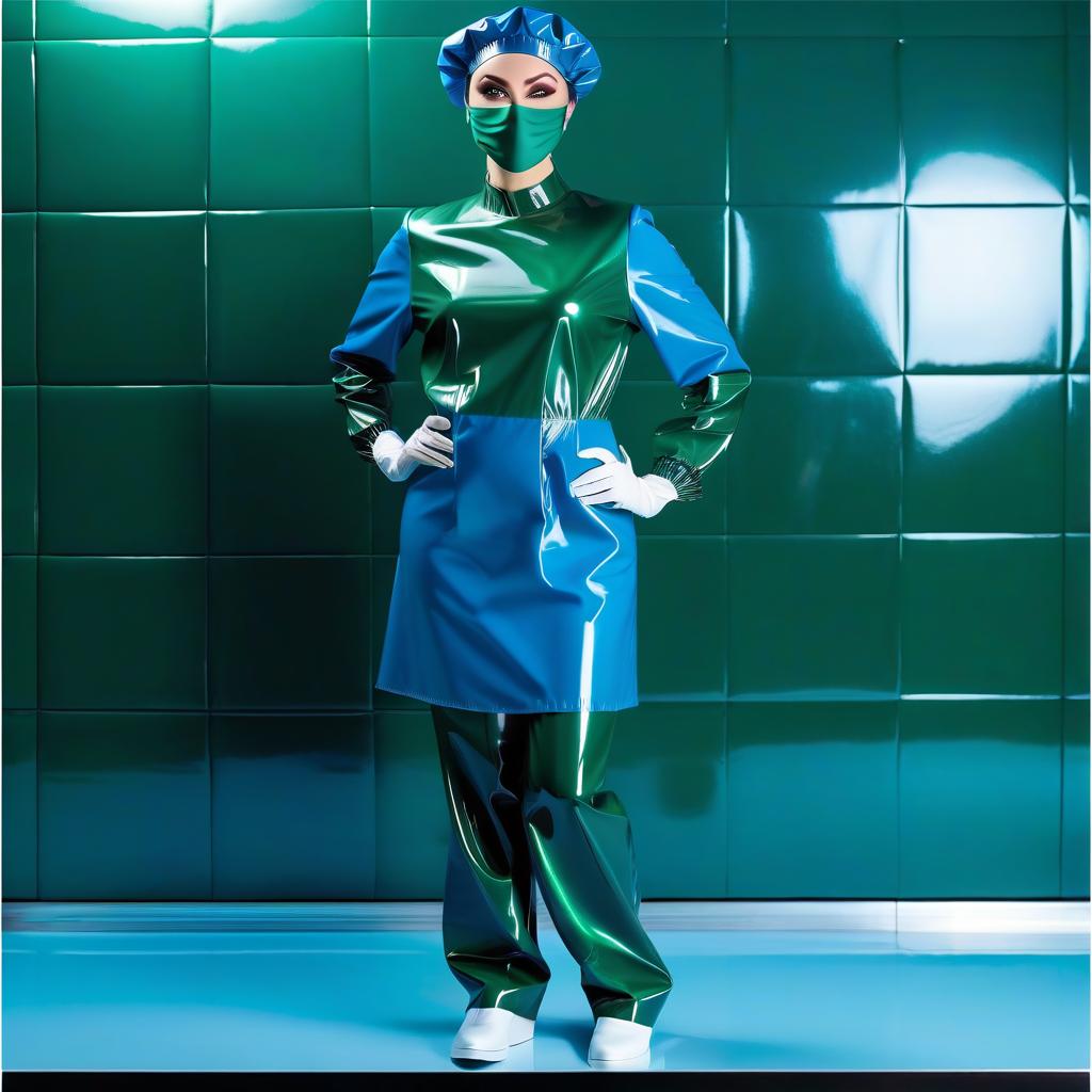  woman surgeon, full length, front view, full face, dressed, shower cap, surgical beret, two colors glossy latex dark green and dark blue, the lover part shower cap beret, glossy latex dark green, and the upper part shower cap beret, glossy latex dark blue hyperrealistic, full body, detailed clothing, highly detailed, cinematic lighting, stunningly beautiful, intricate, sharp focus, f/1. 8, 85mm, (centered image composition), (professionally color graded), ((bright soft diffused light)), volumetric fog, trending on instagram, trending on tumblr, HDR 4K, 8K