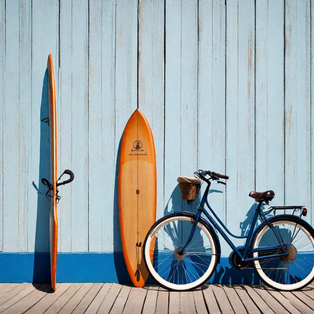  A full-length nautical-themed photograph featuring a rustic wooden wall with paddles leaning against it, extending to the ground. Next to the paddles, there is a bright blue women’s cruiser bicycle with white rim tires leaning against the wall. The image should maintain a rustic, natural style, blending seamlessly with the nautical decor. hyperrealistic, full body, detailed clothing, highly detailed, cinematic lighting, stunningly beautiful, intricate, sharp focus, f/1. 8, 85mm, (centered image composition), (professionally color graded), ((bright soft diffused light)), volumetric fog, trending on instagram, trending on tumblr, HDR 4K, 8K