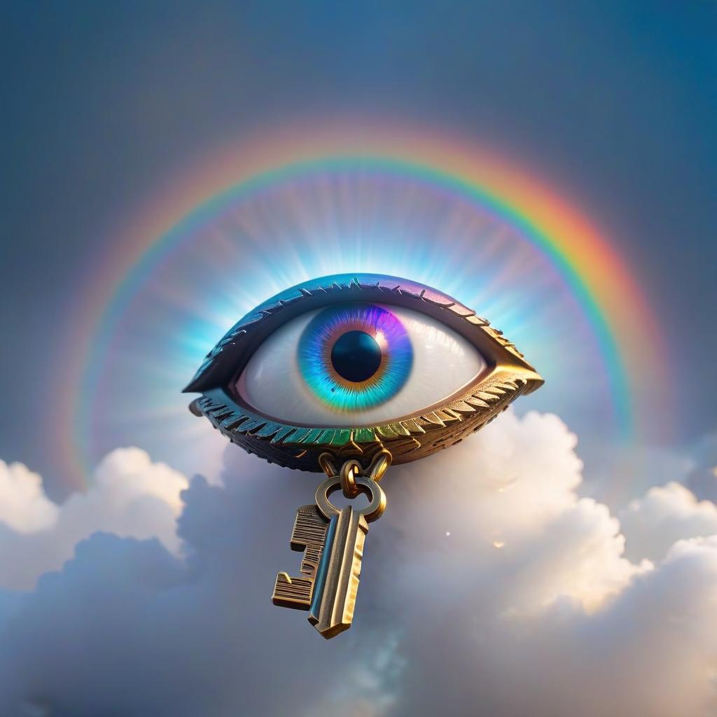  omniscient eye key universe rainbow color, LOGO hyperrealistic, full body, detailed clothing, highly detailed, cinematic lighting, stunningly beautiful, intricate, sharp focus, f/1. 8, 85mm, (centered image composition), (professionally color graded), ((bright soft diffused light)), volumetric fog, trending on instagram, trending on tumblr, HDR 4K, 8K