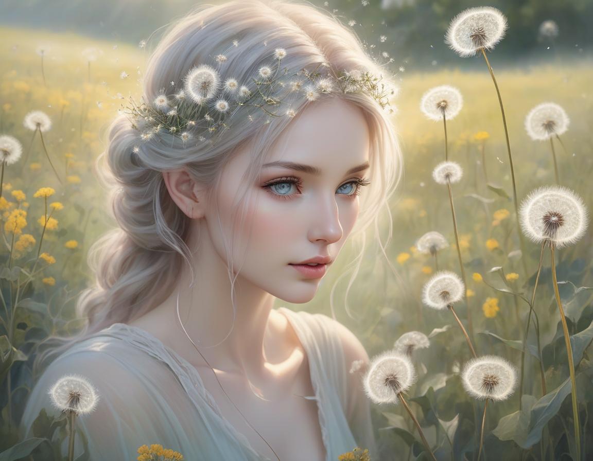  hyperrealistic art A tranquil image of a young with dandelions in her hair, surrounded by a soft, dreamy landscape. Delicate watercolor painting, ethereal atmosphere, whimsical dandelion hair, floating wishes, eyes reflecting the sky, innocence and wonder, soft pastel colors, gentle strokes, dreamy and airy feel, light and shadow play, intricate details, fine art quality, by Emily Winfield Martin, Etsy, 3000x4000 resolution. . extremely high resolution details, photographic, realism pushed to extreme, fine texture, incredibly lifelike hyperrealistic, full body, detailed clothing, highly detailed, cinematic lighting, stunningly beautiful, intricate, sharp focus, f/1. 8, 85mm, (centered image composition), (professionally color graded), ((bright soft diffused light)), volumetric fog, trending on instagram, trending on tumblr, HDR 4K, 8K