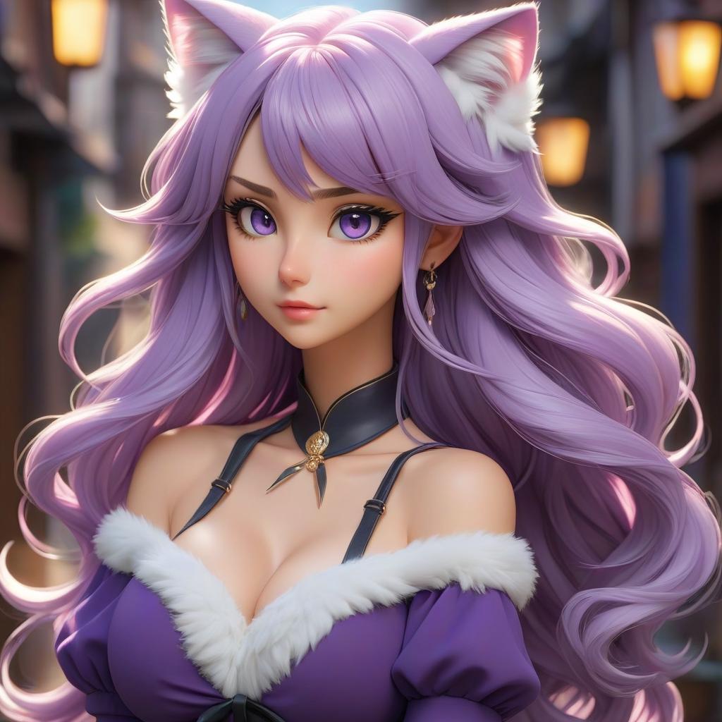  anime artwork Kind anime girl with fluffy cat ears, long wavy hair, half of the hair is purple, and the other half is white. . anime style, key visual, vibrant, studio anime, highly detailed hyperrealistic, full body, detailed clothing, highly detailed, cinematic lighting, stunningly beautiful, intricate, sharp focus, f/1. 8, 85mm, (centered image composition), (professionally color graded), ((bright soft diffused light)), volumetric fog, trending on instagram, trending on tumblr, HDR 4K, 8K