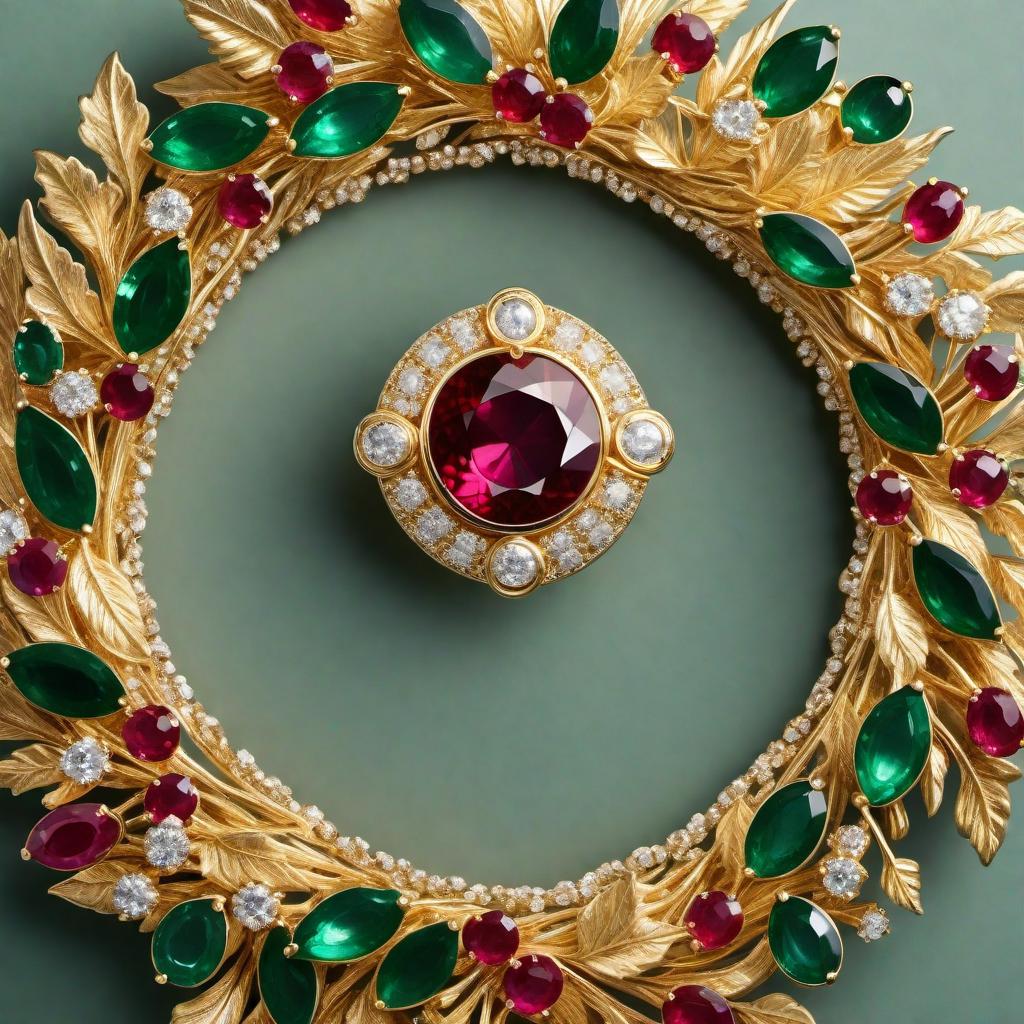  A luxurious gold belt buckle with a circular design, inspired by a Christmas wreath. The buckle is adorned with round cut gemstones in place of the traditional leaves and decorations. Red rubies form a prominent part of the design, interspersed with green emeralds, yellow sapphires, and sparkling VVS diamonds. The gemstones are arranged to mimic the look of a holiday wreath, creating a festive yet opulent appearance. The gold is highly polished, adding to the overall richness of the piece. hyperrealistic, full body, detailed clothing, highly detailed, cinematic lighting, stunningly beautiful, intricate, sharp focus, f/1. 8, 85mm, (centered image composition), (professionally color graded), ((bright soft diffused light)), volumetric fog, trending on instagram, trending on tumblr, HDR 4K, 8K