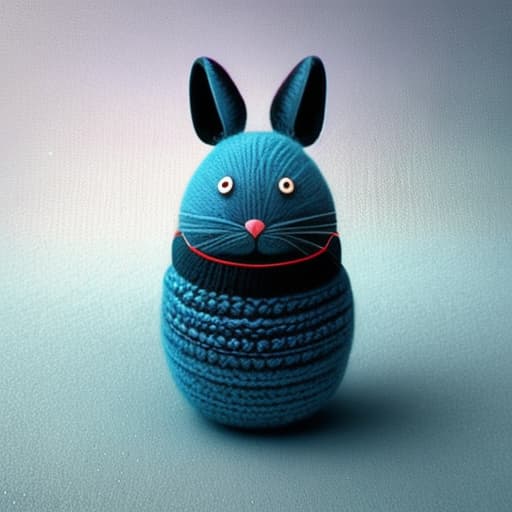 woolitize a sky blue rabbit and a smile with black eyes and white pupils and a teardrop shaped necklace hyperrealistic, full body, detailed clothing, highly detailed, cinematic lighting, stunningly beautiful, intricate, sharp focus, f/1. 8, 85mm, (centered image composition), (professionally color graded), ((bright soft diffused light)), volumetric fog, trending on instagram, trending on tumblr, HDR 4K, 8K