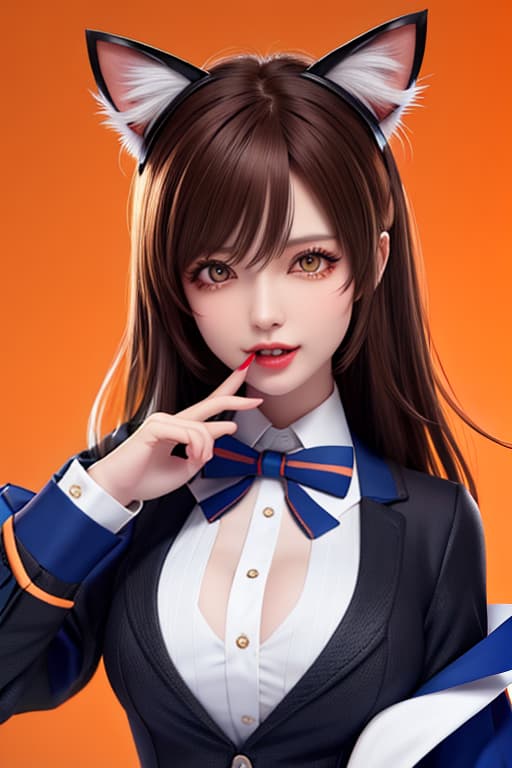  masterpiece, best quality, 1, solo, animal ears, bow, teeth, jacket, tail, open mouth, brown hair, orange background, bowtie, orange nails, simple background, cat ears, orange eyes, blue bow, animal ear fluff, cat tail, looking at viewer, upper body, shirt, uniform, hood, striped bow, striped, white shirt, black jacket, blue bowtie, fingernails, long sleeves, cat , bangs, fangs, collared shirt, striped bowtie, short hair, tongue, hoodie, sharp teeth, facial mark, claw pose hyperrealistic, full body, detailed clothing, highly detailed, cinematic lighting, stunningly beautiful, intricate, sharp focus, f/1. 8, 85mm, (centered image composition), (professionally color graded), ((bright soft diffused light)), volumetric fog, trending on instagram, trending on tumblr, HDR 4K, 8K