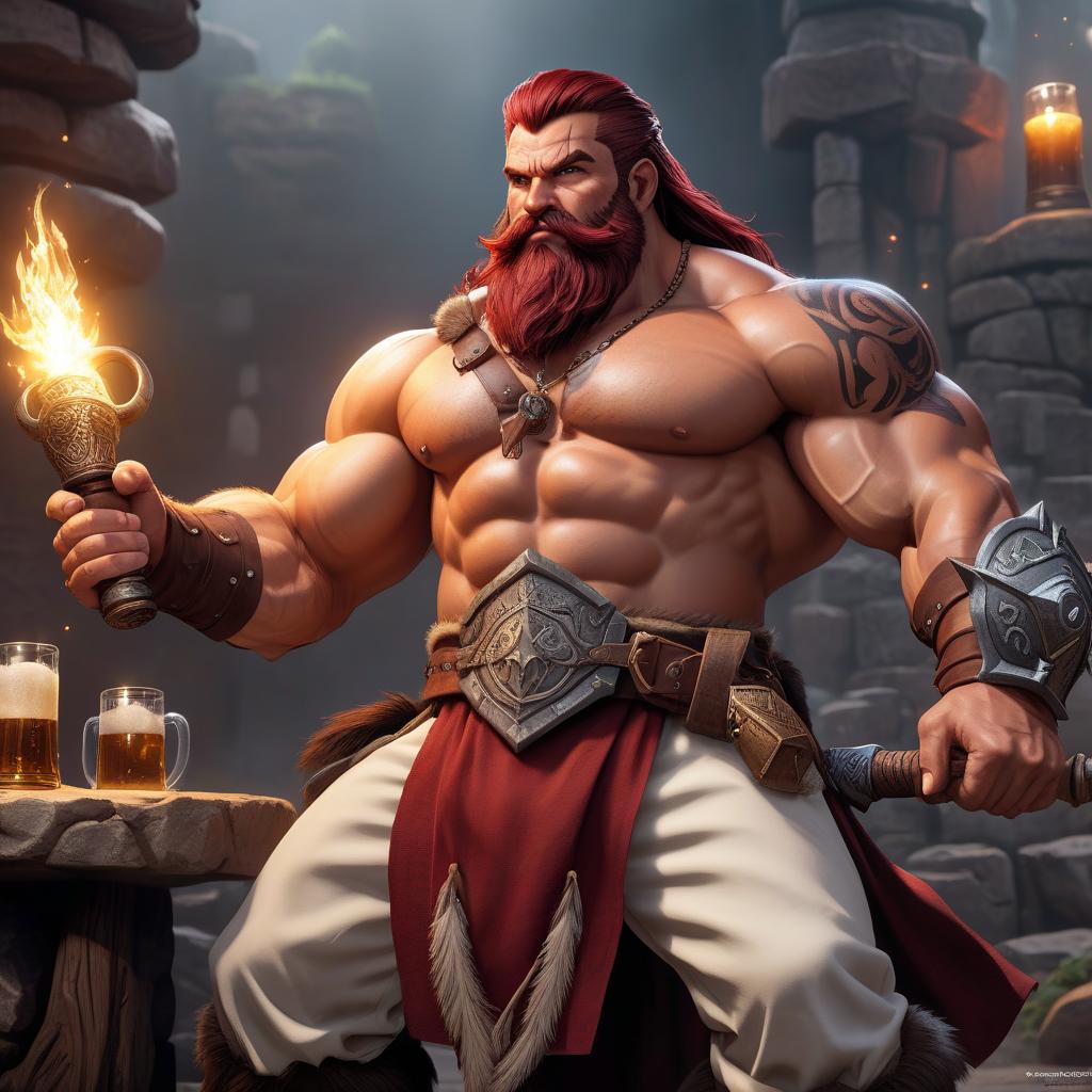  Barbarian dwarf, dark red hair, luxurious beard, white shirt, brown trousers, brown eyes, two handed battle hammer in the left hand, Dungeons and dragons, fantasy, tattoos, glass beer mug in the right hand, fantasy hyperrealistic, full body, detailed clothing, highly detailed, cinematic lighting, stunningly beautiful, intricate, sharp focus, f/1. 8, 85mm, (centered image composition), (professionally color graded), ((bright soft diffused light)), volumetric fog, trending on instagram, trending on tumblr, HDR 4K, 8K