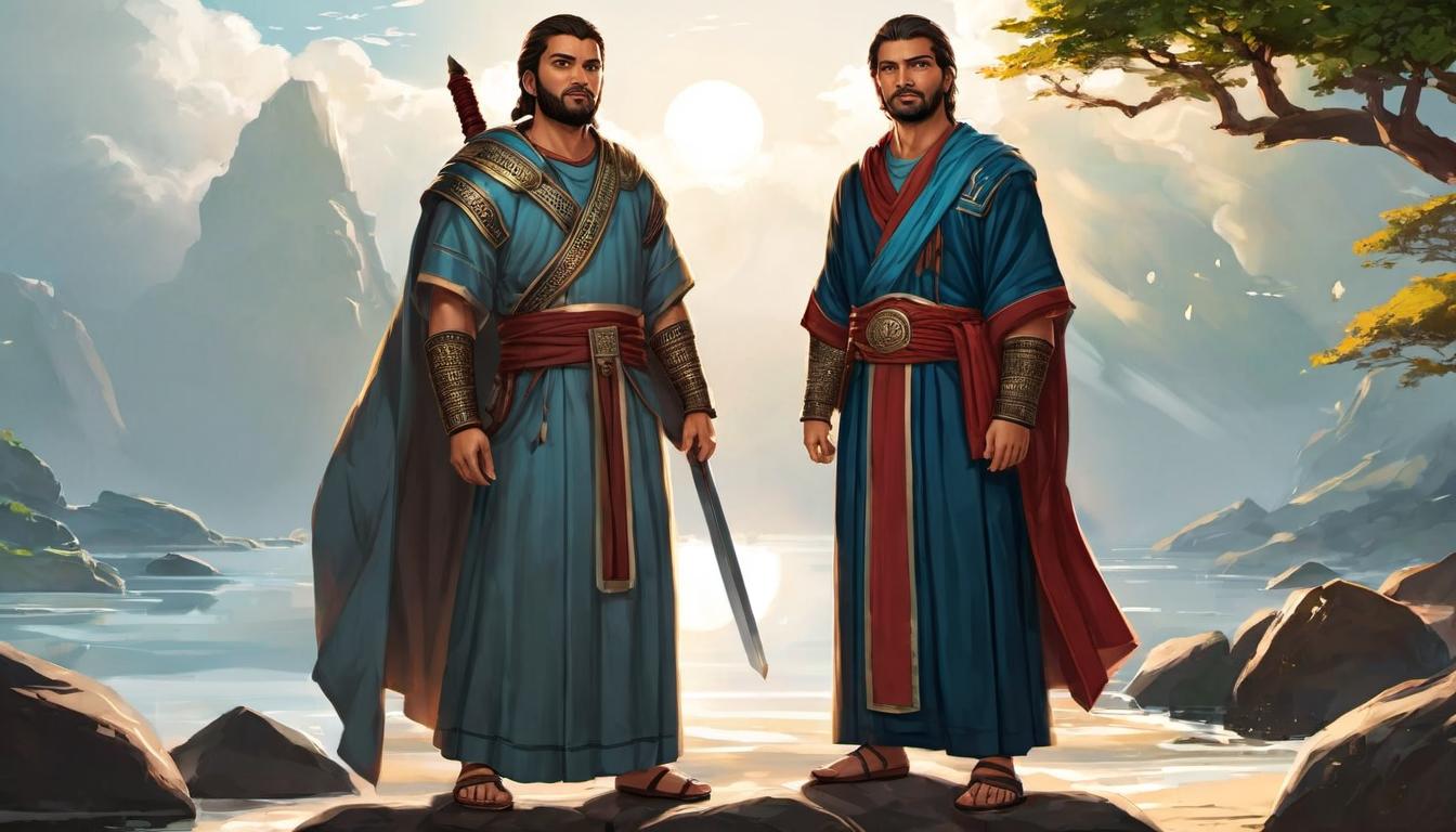  digital illustration, two brothers, Shem and Japheth, dressed in simple ancient robes, standing together with serious expressions, bright light illuminating them, symbols of righteousness and unity, looking at viewer, dynamic pose, (intricate details, masterpiece, best quality)