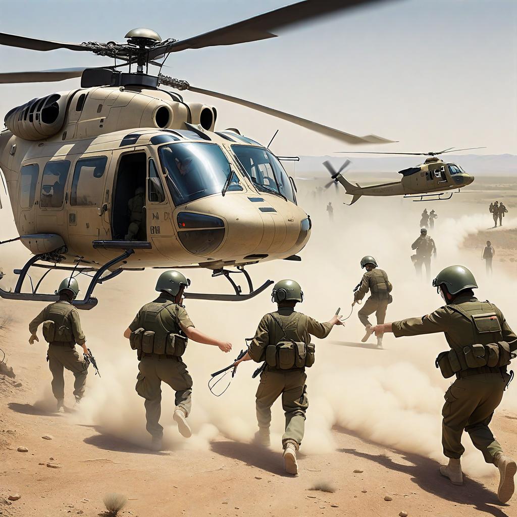  abstract artwork, Israeli soldiers, dressed in uniforms and helmets, helping four civilians board the helicopter. The soldiers hold the hands of the young woman and the three men and carefully guide them toward the helicopter door. All citizens have protective helmets on their heads. The soldiers look focused and professional, and the civilians look confused but hopeful. In the background, there is an open area with some trees and clear skies, with helicopter air driving the surrounding dust .