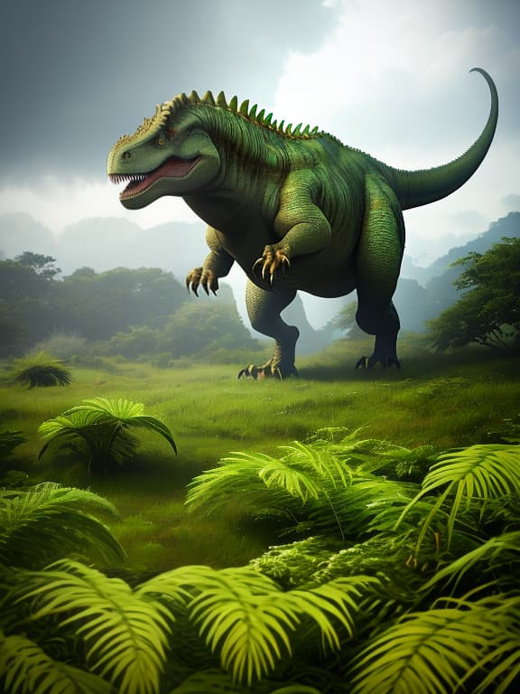  Dinosaurs run through vast grasslands on giant ferns in an action style. hyperrealistic, full body, detailed clothing, highly detailed, cinematic lighting, stunningly beautiful, intricate, sharp focus, f/1. 8, 85mm, (centered image composition), (professionally color graded), ((bright soft diffused light)), volumetric fog, trending on instagram, trending on tumblr, HDR 4K, 8K