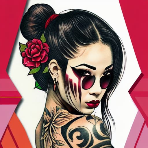  Take a look at this stunning tattoo sketch featuring a fierce brunette woman. Her Japanese, Puerto Rican, and Scandinavian roots are evident in the intricate artwork. Urban motifs such as roses, peonies, and chrysanthemums seamlessly blend with symbols of skulls, money, and coy fish, creating a unique fusion of cultures. This traditional pinup style design beautifully incorporates influences from Puerto Rican and Japanese street gang culture, resulting in a mesmerizing blend of cultural symbolism and artistic expression.