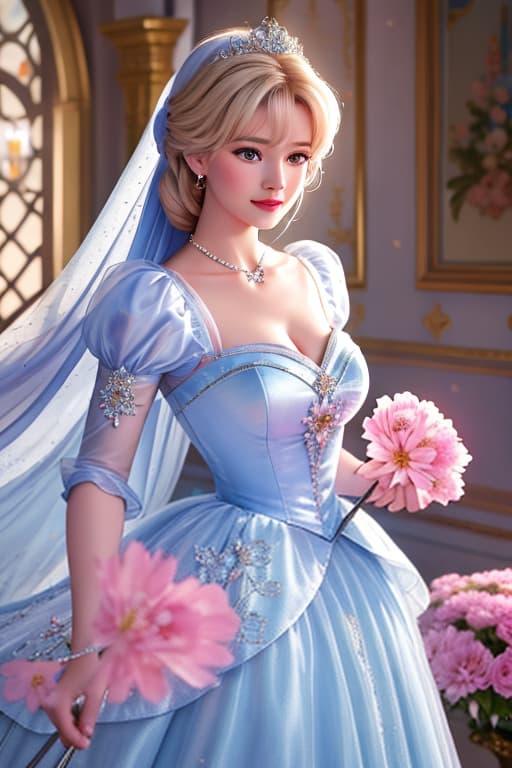  A highly detailed and realistic photo in the style of Disney, featuring a character resembling baby Cinderella. The image shows young Cinderella wearing a sparkling pink dress, surrounded by glowing flower.She is standing.The scene is illuminated with soft, mystical light, creating an enchanting and whimsical atmosphere. Cinderella's expression is filled with wonder and joy as she interacts with the flower. The background is softly blurred to keep the focus on Cinderella and the flower hyperrealistic, full body, detailed clothing, highly detailed, cinematic lighting, stunningly beautiful, intricate, sharp focus, f/1. 8, 85mm, (centered image composition), (professionally color graded), ((bright soft diffused light)), volumetric fog, trending on instagram, trending on tumblr, HDR 4K, 8K