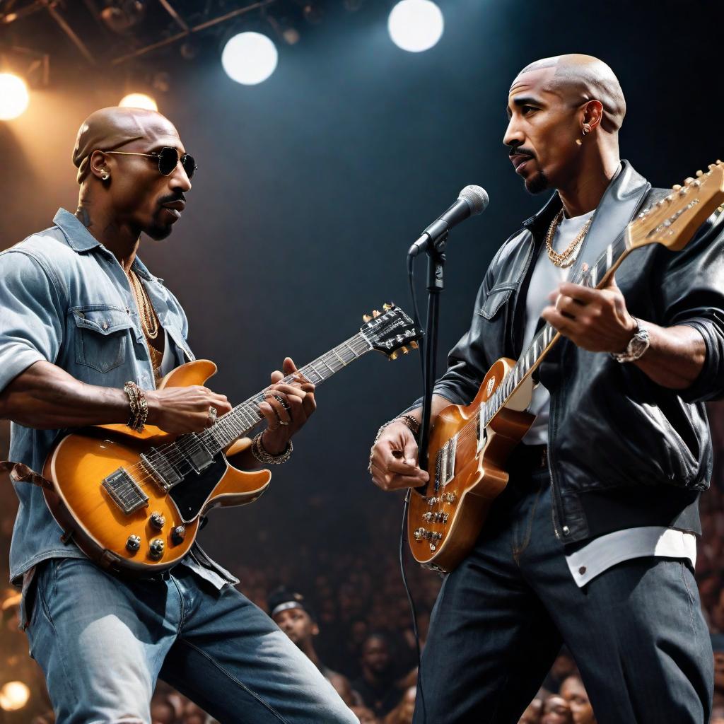  An image of Tupac on stage playing an electric guitar while Obama is singing beside him. hyperrealistic, full body, detailed clothing, highly detailed, cinematic lighting, stunningly beautiful, intricate, sharp focus, f/1. 8, 85mm, (centered image composition), (professionally color graded), ((bright soft diffused light)), volumetric fog, trending on instagram, trending on tumblr, HDR 4K, 8K