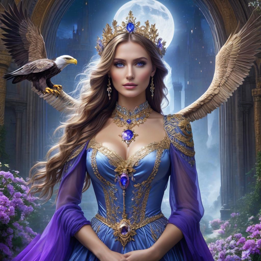  Fairy tale blue eyed eagle. Neuschwanstein. The girl in the gold dress. A very pretty girl. Garden of Eden. Rain. Flying saucer. Space, fantasy. Purple, blue, silver colors. Moon. Amethyst in the shape of a star, necklace around the neck of a girl. hyperrealistic, full body, detailed clothing, highly detailed, cinematic lighting, stunningly beautiful, intricate, sharp focus, f/1. 8, 85mm, (centered image composition), (professionally color graded), ((bright soft diffused light)), volumetric fog, trending on instagram, trending on tumblr, HDR 4K, 8K