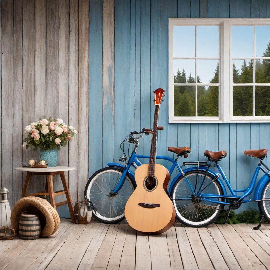  A full-length nautical-themed photograph featuring a rustic wooden wall with paddles leaning against it, extending to the ground. Next to the paddles, there's a bright blue women’s cruiser bicycle with white rim tires leaning against the wall. The image should maintain a rustic, natural style and blend seamlessly with the nautical decor. hyperrealistic, full body, detailed clothing, highly detailed, cinematic lighting, stunningly beautiful, intricate, sharp focus, f/1. 8, 85mm, (centered image composition), (professionally color graded), ((bright soft diffused light)), volumetric fog, trending on instagram, trending on tumblr, HDR 4K, 8K