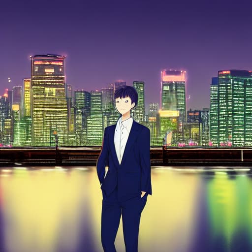  A well dressed young male professional with green undertones to his appearance, background is Tokyo night time skyline
