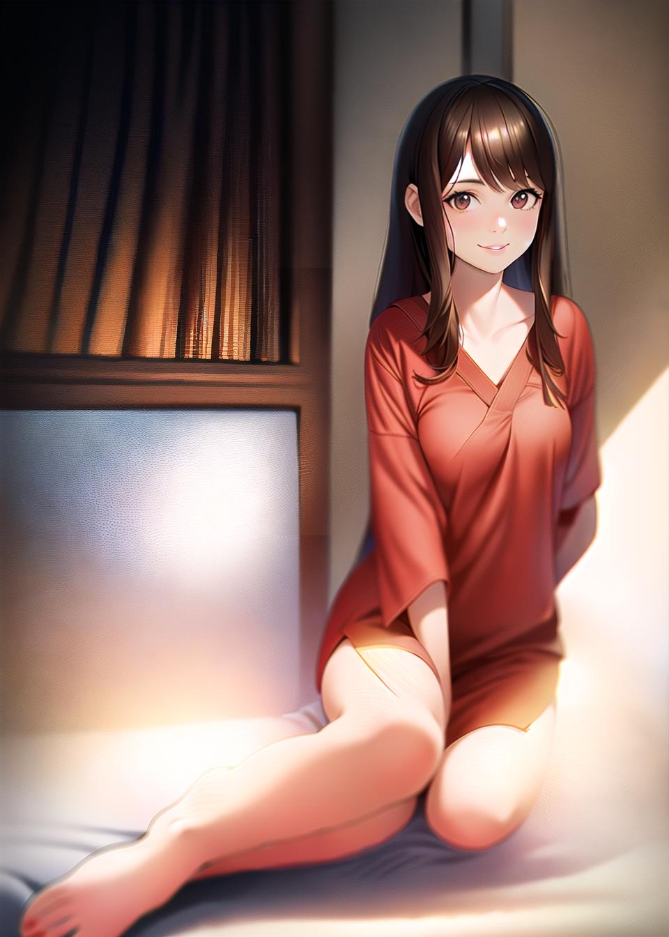  Brown hair girl, smiling, long hair, red pajamas, denim shorts, beautiful legs, back appearance, lower body, bed, (Masterpiece, BestQuality:1.3), (ultra detailed:1.2), (hyperrealistic:1.3), (RAW photo:1.2),High detail RAW color photo, professional photograph, (Photorealistic:1.4), (realistic:1.4), ,professional lighting, (japanese), beautiful face, (realistic face)