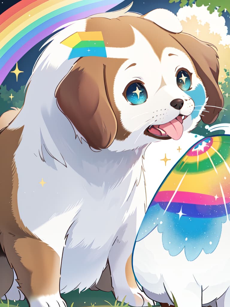  Dog, Small, Park, White and Brown, the wind blows, glitter, tongue, Rainbow Eye, masterpiece, best quality,8k,ultra detailed,high resolution,an extremely delicate and beautiful,hyper detail