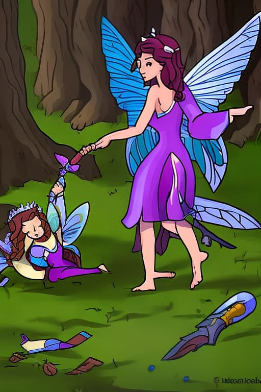  Purpe and silver fairy queen with dagger and wings in forest