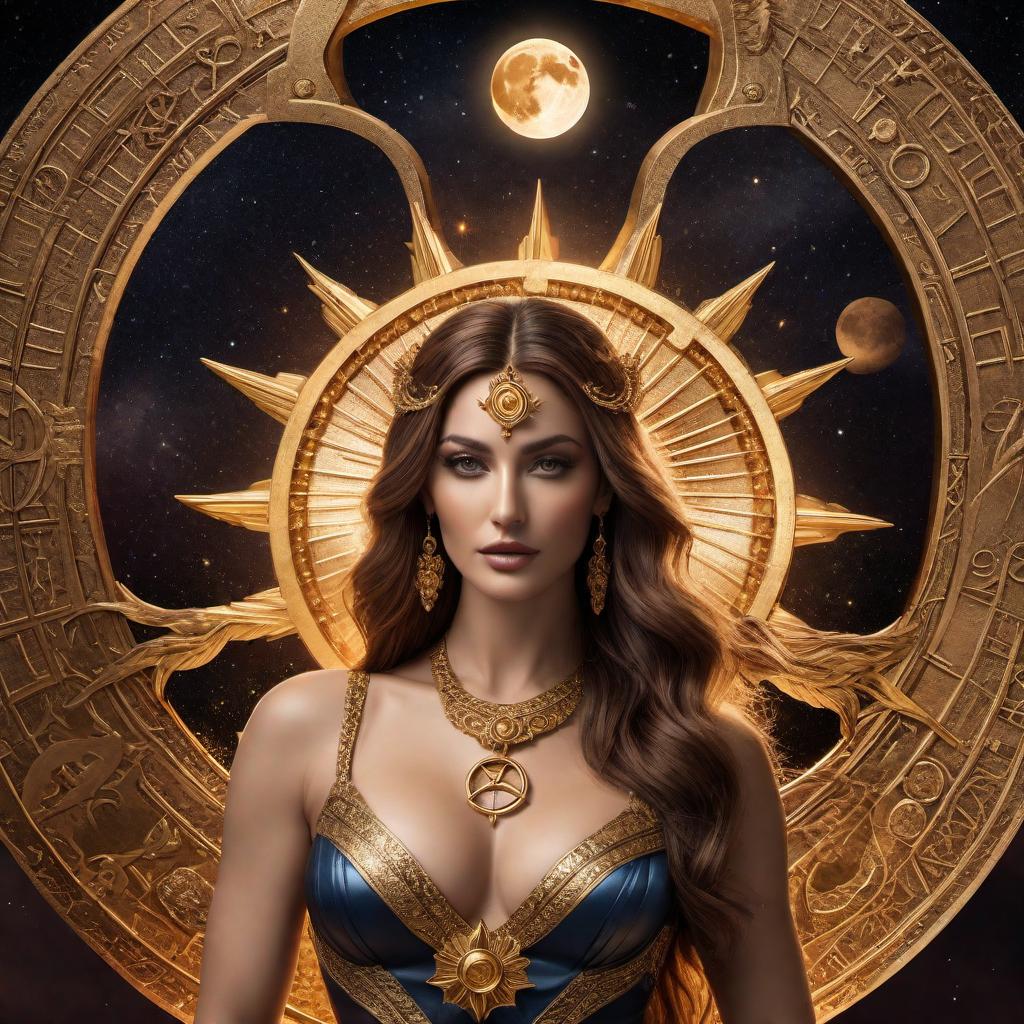  A detailed astrological visualization for a person born on October 15, 1984, at 10:43 AM in Jacksonville, Florida. Include the following elements: 1. **Libra Sun Sign**: A stylized Libra symbol (⚖️) to represent balance and harmony. 2. **Moon in Aquarius**: An artistic depiction of the Moon with the Aquarius symbol, showcasing emotional independence and intellectualism. 3. **Sagittarius Rising**: A rising sun combined with the Sagittarius symbol (♐), representing optimism and adventure. 4. **Sun Conjunct Pluto**: A powerful sun with Pluto's symbol, indicating strong will and transformative abilities. 5. **Moon Trine Venus**: Harmonious alignment between the Moon and Venus symbols, highlighting charm and pleasant relationships. 6. **Ma hyperrealistic, full body, detailed clothing, highly detailed, cinematic lighting, stunningly beautiful, intricate, sharp focus, f/1. 8, 85mm, (centered image composition), (professionally color graded), ((bright soft diffused light)), volumetric fog, trending on instagram, trending on tumblr, HDR 4K, 8K