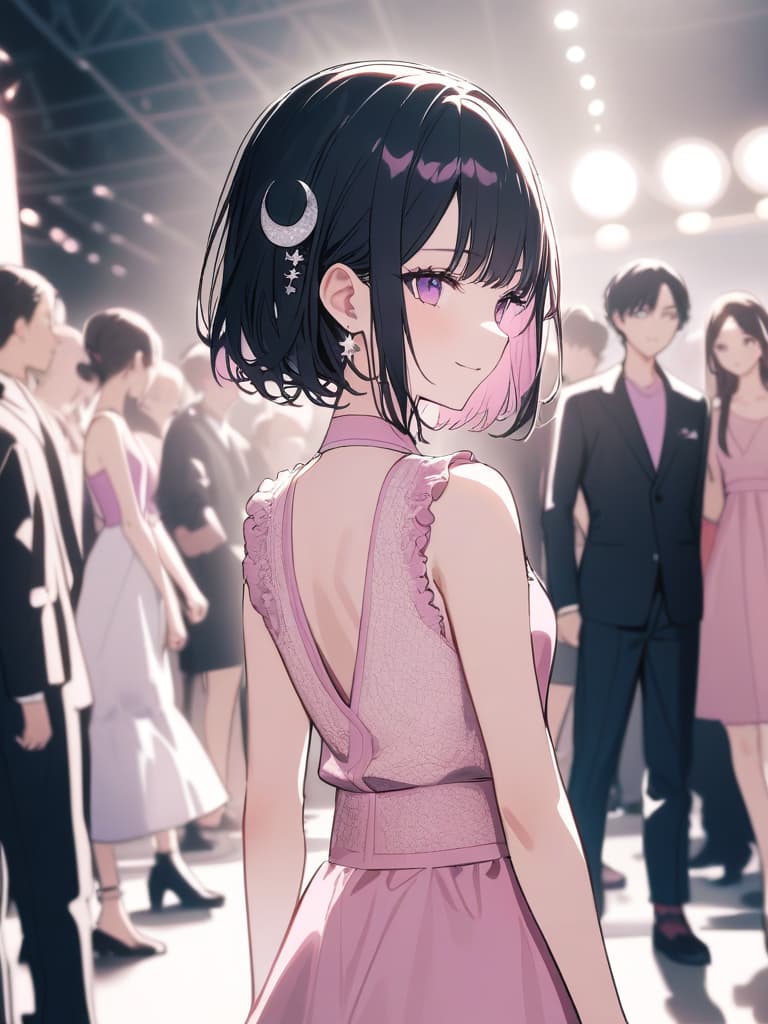  Black jacket,(pink tank top),white long ,Runway,fashion show road,Whole body,fashion show,,fashion show,model ,cool ,Black hair,(purple eyes),short,cropped hair,crescent moon hair ornament,smile, masterpiece, best quality,8k,ultra detailed,high resolution,an extremely delicate and beautiful,hyper detail