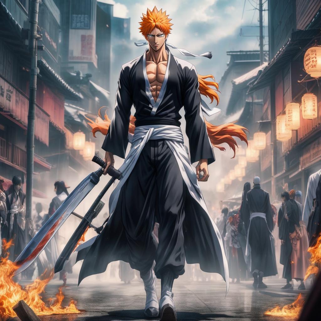  anime artwork anime bleach . anime style, key visual, vibrant, studio anime, highly detailed hyperrealistic, full body, detailed clothing, highly detailed, cinematic lighting, stunningly beautiful, intricate, sharp focus, f/1. 8, 85mm, (centered image composition), (professionally color graded), ((bright soft diffused light)), volumetric fog, trending on instagram, trending on tumblr, HDR 4K, 8K