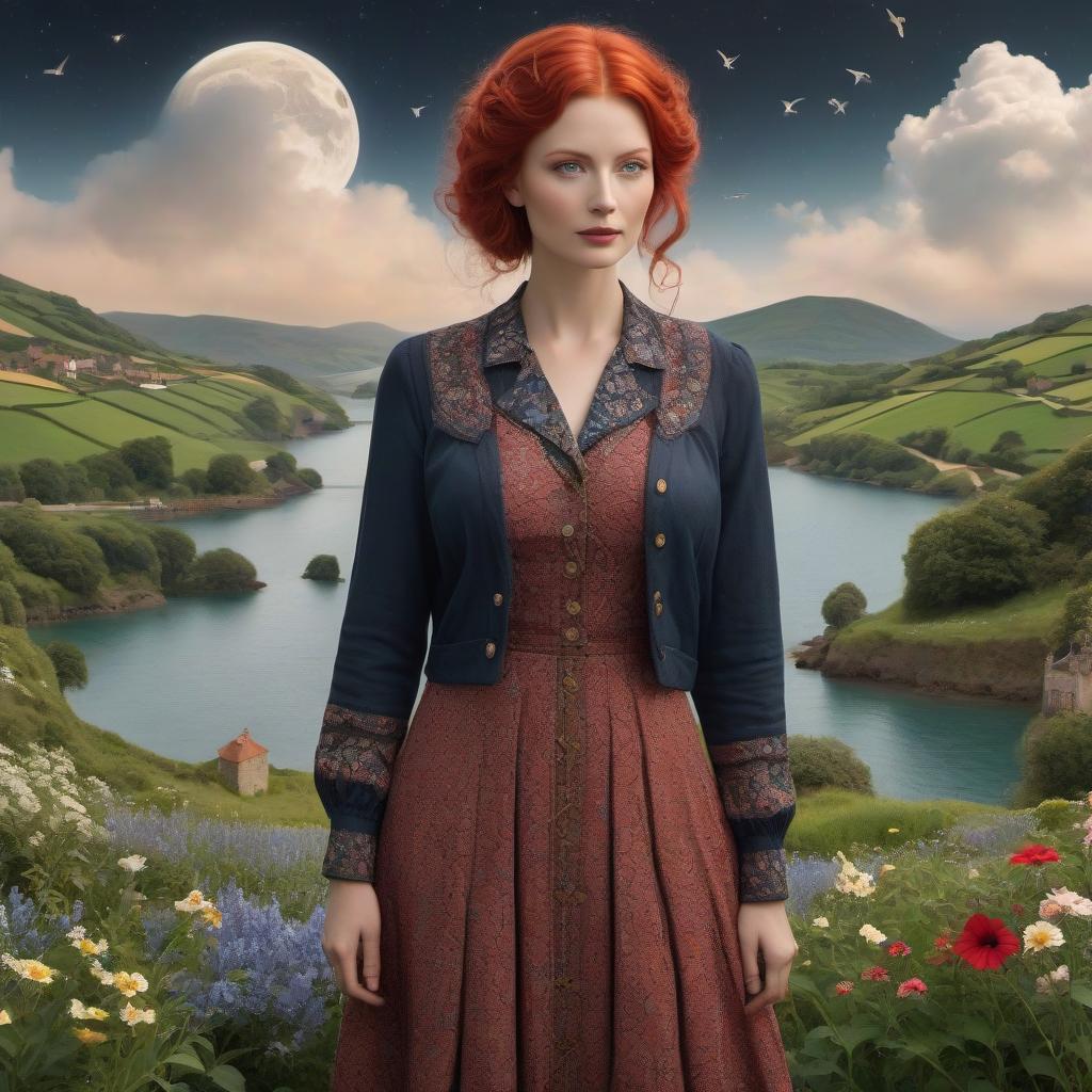  nautical themed "Girl standing standing in front of rolling hills of fields and hedges, and a quaint village nestled in the valley. She has red hair and is wearing her patchwork best, and is totally in harmony with her environment. woman holding the cosmos in her hands, calm, her hair fluttering full of birds, in the background is the universe full of birds, flowers and boats in Surreal artisanal hallucinations made entirely of Sun and Moon, highly detailed, fairytale, Dee Nickerson, elegant, sharp focus, 8 k, octane render" . sea, ocean, ships, maritime, beach, marine life, highly detailed hyperrealistic, full body, detailed clothing, highly detailed, cinematic lighting, stunningly beautiful, intricate, sharp focus, f/1. 8, 85mm, (centered image composition), (professionally color graded), ((bright soft diffused light)), volumetric fog, trending on instagram, trending on tumblr, HDR 4K, 8K