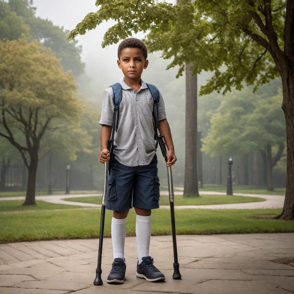  A young boy with a large crutch, standing confidently. The boy should have a determined look on his face, showing strength and resilience. The background can be a simple outdoor setting, perhaps with a park or a street scene to emphasize his surroundings. hyperrealistic, full body, detailed clothing, highly detailed, cinematic lighting, stunningly beautiful, intricate, sharp focus, f/1. 8, 85mm, (centered image composition), (professionally color graded), ((bright soft diffused light)), volumetric fog, trending on instagram, trending on tumblr, HDR 4K, 8K