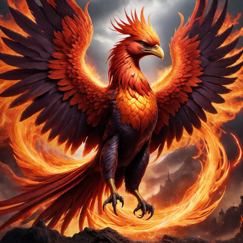  Create an image of a male Phoenix in battle with demons. The Phoenix should exude the virtues of makoto (sincerity), Andrea (wisdom from endurance), kaizen (continuous improvement), parabellium (preparedness for war), and carpe diem (seizing the day). The demons should represent dishonesty, sloth, envy, shame, and jealousy. The scene should be dynamic and intense, with the Phoenix depicted as powerful and radiant, surrounded by an aura of bright, warm colors symbolizing its virtues. The demons should appear menacing and dark, with twisted, shadowy forms that contrast the Phoenix's light. The background should enhance the tension of the battle, possibly with dark, stormy skies and bursts of energy from the clash. hyperrealistic, full body, detailed clothing, highly detailed, cinematic lighting, stunningly beautiful, intricate, sharp focus, f/1. 8, 85mm, (centered image composition), (professionally color graded), ((bright soft diffused light)), volumetric fog, trending on instagram, trending on tumblr, HDR 4K, 8K