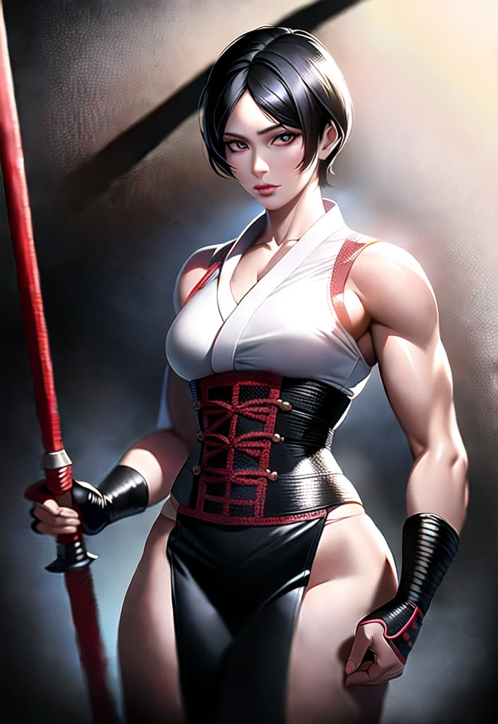  Black hair, berry short hair, beautiful woman, white dress shirt, Japanese samurai red armor, black leather pants, muscles, Japanese swords, head to thighs, (Masterpiece, BestQuality:1.3), (ultra detailed:1.2), (hyperrealistic:1.3), (RAW photo:1.2),High detail RAW color photo, professional photograph, (Photorealistic:1.4), (realistic:1.4), ,professional lighting, (japanese), beautiful face, (realistic face)