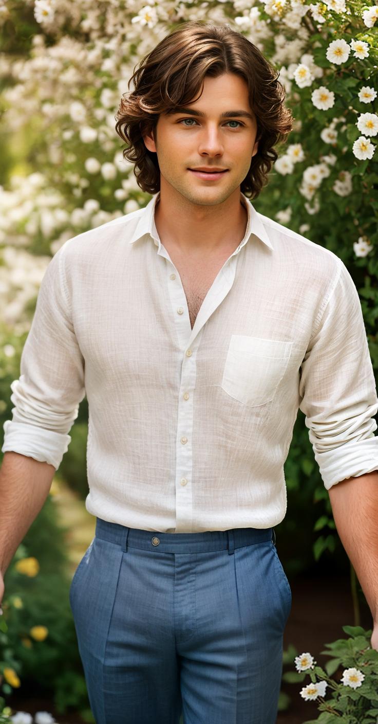  A young man with wavy brown hair and blue eyes is standing in a garden. He is wearing a white linen shirt and white pants. The man has a relaxed expression on his face. He is looking at the camera. The background is blurry. The image has a warm and inviting atmosphere.Art style: painterly, realisticArtist references: John Singer Sargent, Joaquín Sorolla y BastidaCamera settings: 85mm lens, f/2.8 aperture, 1/125 shutter speedLighting: soft, natural lightColors: warm, muted colorsEffects: shallow depth of field, vignetteTexture: smooth, creamy textureBackground: blurry gardenRendering: realistic, painterly rendering hyperrealistic, full body, detailed clothing, highly detailed, cinematic lighting, stunningly beautiful, intricate, sharp focus, f/1. 8, 85mm, (centered image composition), (professionally color graded), ((bright soft diffused light)), volumetric fog, trending on instagram, trending on tumblr, HDR 4K, 8K