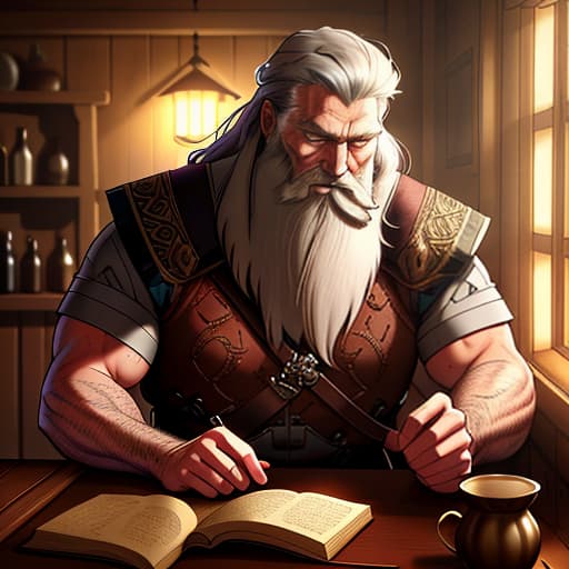  A bearded Viking is reading a book in a tavern. hyperrealistic, full body, detailed clothing, highly detailed, cinematic lighting, stunningly beautiful, intricate, sharp focus, f/1. 8, 85mm, (centered image composition), (professionally color graded), ((bright soft diffused light)), volumetric fog, trending on instagram, trending on tumblr, HDR 4K, 8K