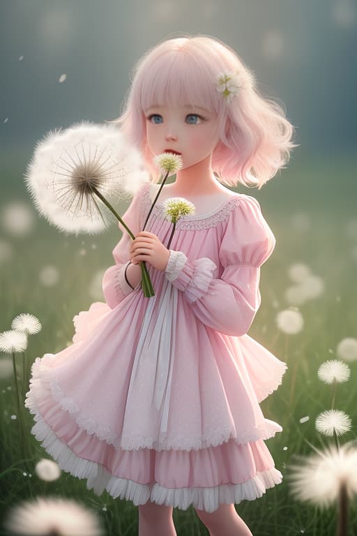  A cheerful little girl in a pink dress with bright white spots is holding a white, fluffy dandelion and trying to blow on the dandelion, a field of white dandelions. hyperrealistic, full body, detailed clothing, highly detailed, cinematic lighting, stunningly beautiful, intricate, sharp focus, f/1. 8, 85mm, (centered image composition), (professionally color graded), ((bright soft diffused light)), volumetric fog, trending on instagram, trending on tumblr, HDR 4K, 8K