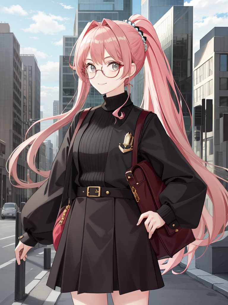  Stylish glasses girls, modern coordinates, ponytails, margin smile, city, handback, masterpiece, best quality,8k,ultra detailed,high resolution,an extremely delicate and beautiful,hyper detail