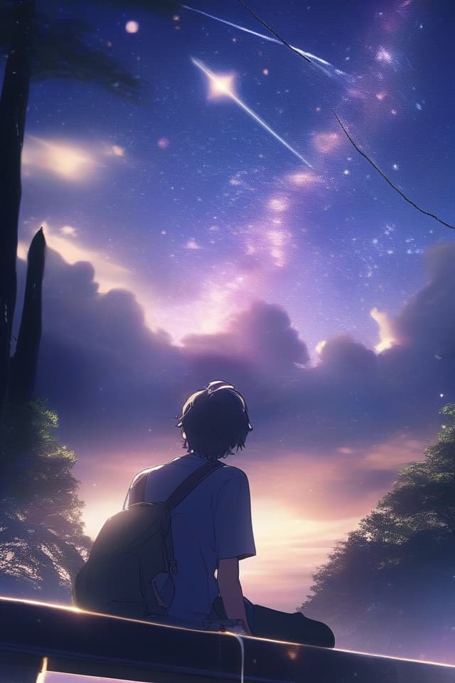  Ultra detailed,8k,high resolution,absurd,employed,detailed,delicate composition,cinematic angles,bold composition,detailed to the last detail,{{Seventh Sunset🎋:1.4}}(Thinking of a lover I can't see) {(Starry sky,Milky Way🌌),Night sky,Park,Man looking at Milky Way🌌: 1.4},top quality,masterpiece,