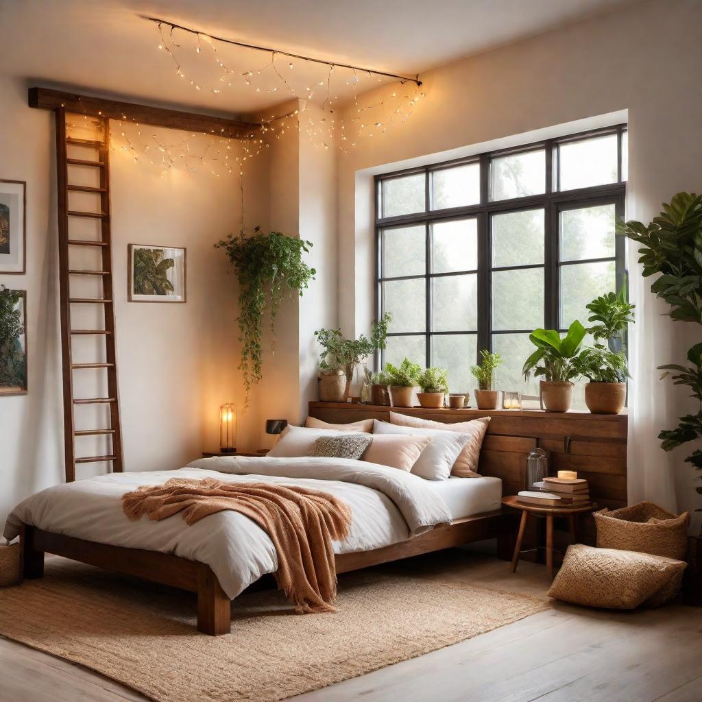  A cozy bedroom setup characterized by warm fairy lights providing a soft, amber glow. The room features a raised bed with abundant plush bedding and multiple pillows, creating an inviting look. A wooden ladder leads up to the lofted bed, optimizing space below for seating or storage. The decor includes a rustic or bohemian aesthetic with wood elements, plants, books, and decorative items. Large window with sheer curtains allowing natural light. Warm, inviting atmosphere ideal for relaxation. hyperrealistic, full body, detailed clothing, highly detailed, cinematic lighting, stunningly beautiful, intricate, sharp focus, f/1. 8, 85mm, (centered image composition), (professionally color graded), ((bright soft diffused light)), volumetric fog, trending on instagram, trending on tumblr, HDR 4K, 8K