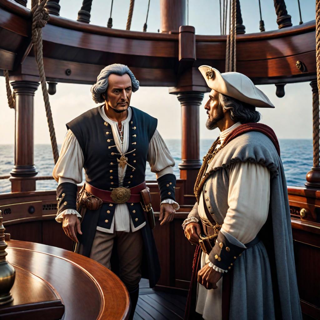  Christopher Columbus is chatting with Celal Şengör on the ship as they sail towards America. hyperrealistic, full body, detailed clothing, highly detailed, cinematic lighting, stunningly beautiful, intricate, sharp focus, f/1. 8, 85mm, (centered image composition), (professionally color graded), ((bright soft diffused light)), volumetric fog, trending on instagram, trending on tumblr, HDR 4K, 8K