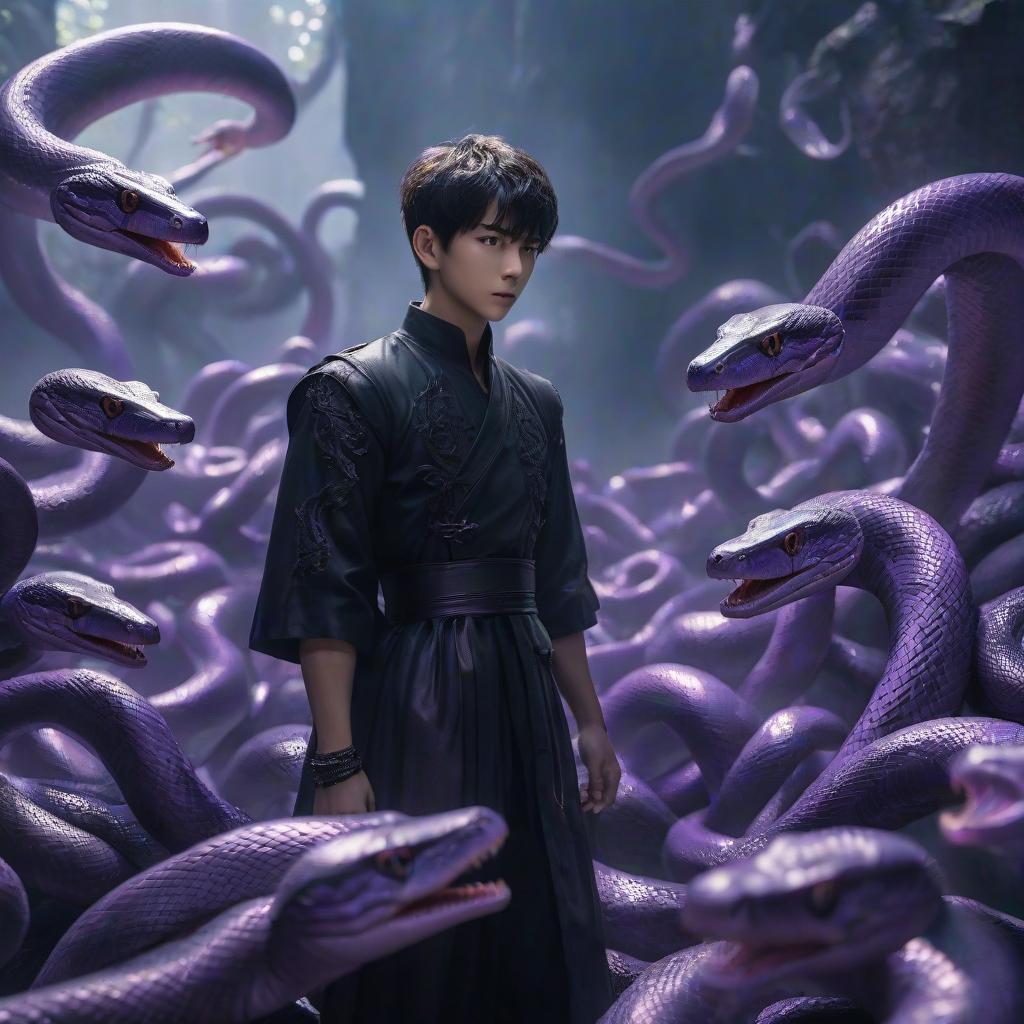  A boy in black pulls out his hand, from which many small purple snakes emerge in different directions. hyperrealistic, full body, detailed clothing, highly detailed, cinematic lighting, stunningly beautiful, intricate, sharp focus, f/1. 8, 85mm, (centered image composition), (professionally color graded), ((bright soft diffused light)), volumetric fog, trending on instagram, trending on tumblr, HDR 4K, 8K