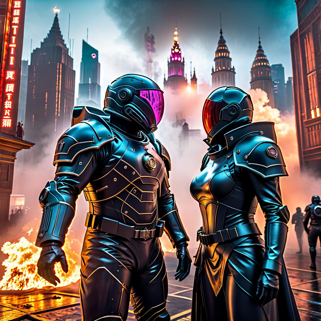  gothic style Duel between an ultra marine and a blood raven cosmonaut in the foreground, with a burning city as the backdrop. . dark, mysterious, haunting, dramatic, ornate, detailed, hkmagic, GLOWNEON hyperrealistic, full body, detailed clothing, highly detailed, cinematic lighting, stunningly beautiful, intricate, sharp focus, f/1. 8, 85mm, (centered image composition), (professionally color graded), ((bright soft diffused light)), volumetric fog, trending on instagram, trending on tumblr, HDR 4K, 8K