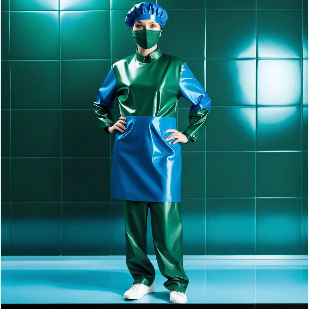  woman surgeon, wearing a shower beret made of two tone glossy latex, the upper part of the beret with a rounded dome in the shape of a mushroom, elongated with folds, made of glossy dark blue latex, the lower part of the beret with folds on an elastic band, glossy. dark green latex, shower cap is divided horizontally into two parts, shower cap covers hair, ears and forehead, framing the face hyperrealistic, full body, detailed clothing, highly detailed, cinematic lighting, stunningly beautiful, intricate, sharp focus, f/1. 8, 85mm, (centered image composition), (professionally color graded), ((bright soft diffused light)), volumetric fog, trending on instagram, trending on tumblr, HDR 4K, 8K