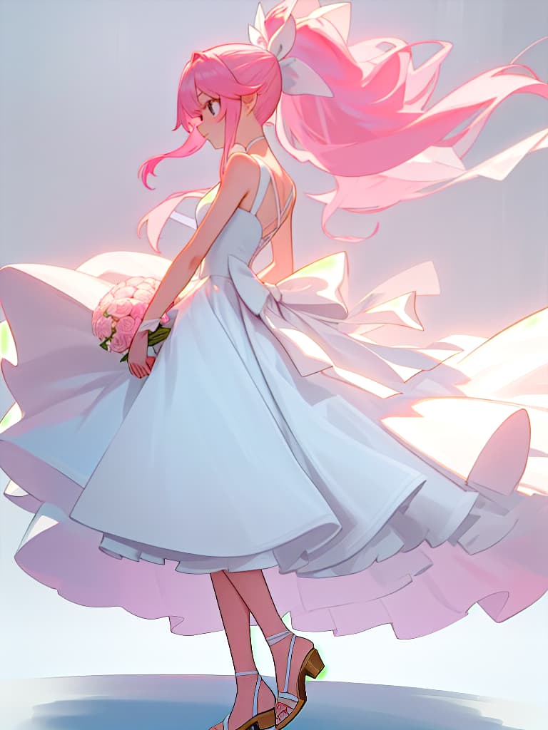  Beautiful , whole body image, woman, pink hair, ponytail, ribbon, wedding dress, A line, off shoulderer, heel shoes, white dresses, toes, front, slender, bouquet, masterpiece, best quality,8k,ultra detailed,high resolution,an extremely delicate and beautiful,hyper detail