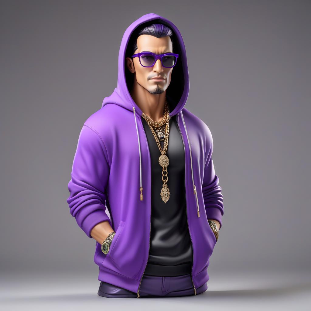  In a cartoon style, covering the cartoon like cover, a man in purple clothing with black glasses featuring a thin chain around his neck, wearing jewelry on his hands, white skinned, nearly full height, medium build, in a hoodie with his face covered, standing full height on a white background. hyperrealistic, full body, detailed clothing, highly detailed, cinematic lighting, stunningly beautiful, intricate, sharp focus, f/1. 8, 85mm, (centered image composition), (professionally color graded), ((bright soft diffused light)), volumetric fog, trending on instagram, trending on tumblr, HDR 4K, 8K